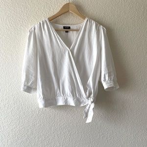 Puffed Sleeve Linen Tie Blouse